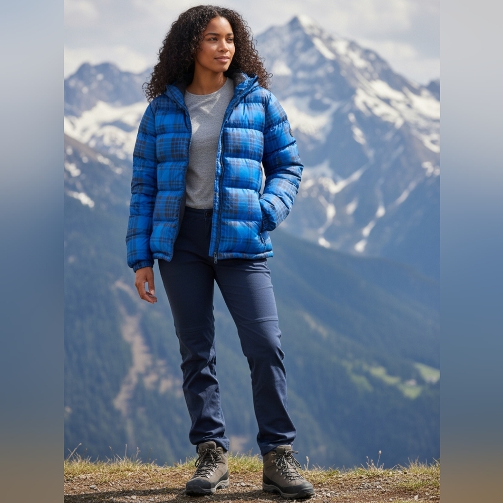 Authentic Juicy Couture Black Label Puffer Ski Coat Blue Tartan Down Rare